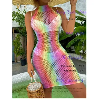 Vestido de Festa Sexy Colorido Gola Alta Arrastão - Único