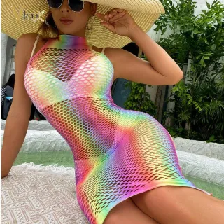 Vestido de Festa Sexy Colorido Gola Alta Arrastão - Único