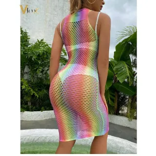 Vestido de Festa Sexy Colorido Gola Alta Arrastão - Único