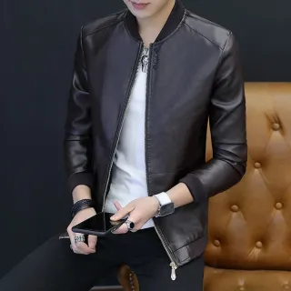 Jaqueta de Couro Slim Fit Coreano Outono Inverno Moda Casual Masculina - Preto