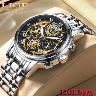 Relógio Automático LIGE Masculino - Moda Negócios Cronógrafos - Ouro Prata Preto + caixa