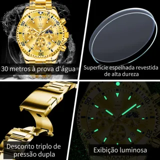 Relógio OLEVS Luxo Masculino Prova Da Água Cronógrafo Quartzo Dourado - Ouro