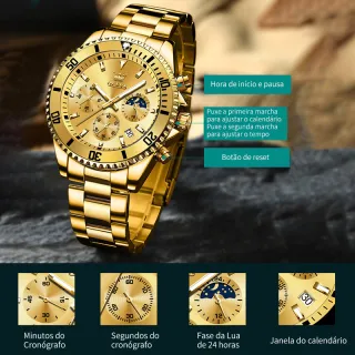 Relógio OLEVS Luxo Masculino Prova Da Água Cronógrafo Quartzo Dourado - Ouro