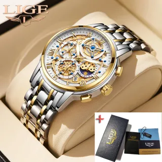 Relógio Automático LIGE Masculino - Moda Negócios Cronógrafos - Ouro Prata Preto + caixa