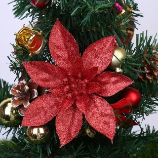 Decorações de Natal Glitter Flores Artificiais Falsas - Enfeites para Árvore Feliz - red gold_14cm