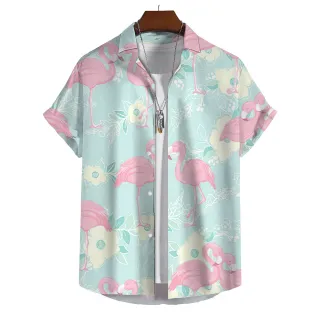 Camisas de Manga Curta Havaiana Flamingo - Verão Casual Masculino - E01-HY13036