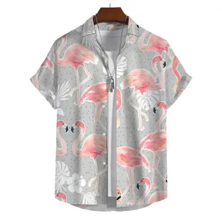 Camisas de Manga Curta Havaiana Flamingo - Verão Casual Masculino - E01-HY13036