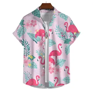 Camisas de Manga Curta Havaiana Flamingo - Verão Casual Masculino - E01-HY13036
