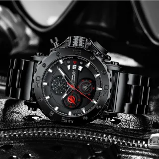 Relógio Masculino Aço Inoxidável Marca Original Multifuncional Luminoso Moda Esporte Militar Impermeável - preto vermelho