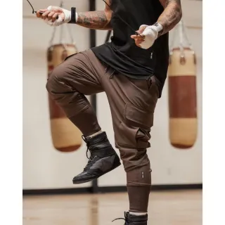 Calças esportivas masculinas estilo europeu-americano | Calças de ginástica com bolsos e algemas - Preto