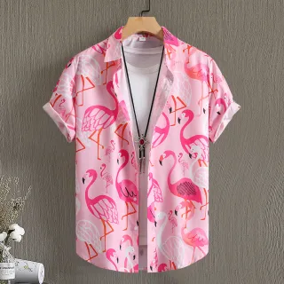 Blusa Flamingo Branco Rosa Camisa Manga Curta Casuais Homens