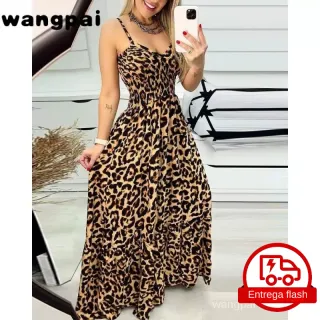Feminino Vestido Longo Alças Estampa Leopardo - Verde-estampa de leopardo