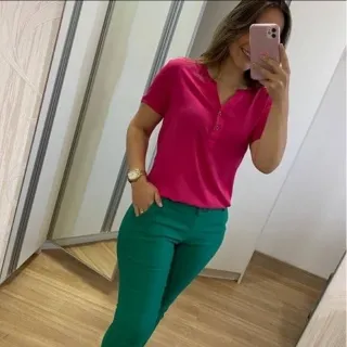 Moda Soutinho: Blusa Manga Curta Feminina Viscolinho com Botões P M G GG - Pink