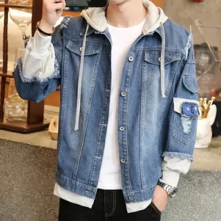 Jaqueta Manga Longa Masculina Com Capuz Jeans M-3XL - Azul Marinho