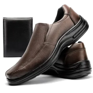 Conforto e Estilo: Sapato Masculino Social Ortopédico de Couro + Carteira - PRETO222