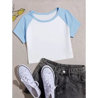 Moda Feminina Camiseta Raglan Cropeed Duas Cores - CINZA MESCLA / AZUL MARINHO