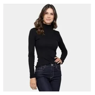 Malha Canelada Blusa Manga Longa Gola Alta Inverno Feminina (Inovastilo) - Azul Marinho