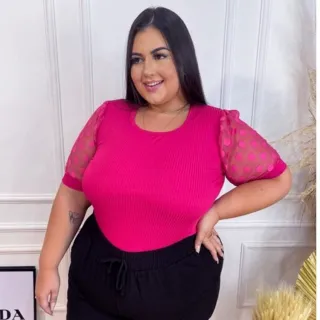 Blusa Moda Evangélica Plus Size com Manga Princesa, Barata e Estilosa Tule - Avelã