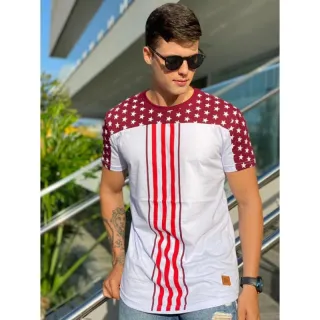 Camiseta Long Line Masculina Listrada - Promoção - Vermelho com branco infantil