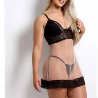Calcinha Sensual de Tule Acompanha Camisola Lingerie Sem Bojo - Preto