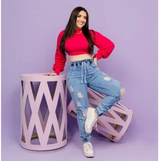 Cintura Alta Calça Jeans Jogger Feminina - Blogueira - jeans escuro jogger