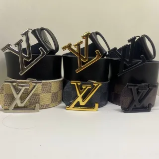 Couro Xadrez Dupla Face Cinto Masculino - Ouro Escovado - Marrom