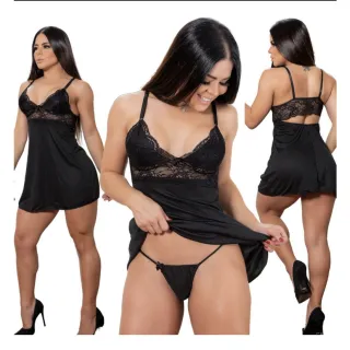 Camisola sexy com renda e calcinha feminina - Preto