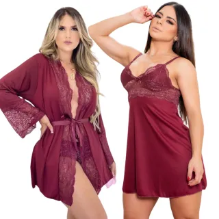 Camisola de renda luxo e robe: kit com calcinhas grátis - Branco