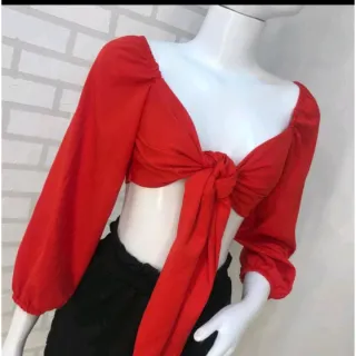 Blusinha feminina cropped manga bufante laço - Moda gringa - Preto