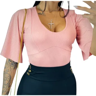 Moda Evangelica Blusa Feminina Premium Canelado Manga Flare - Listrado