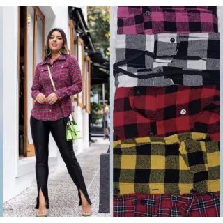 Blusa Flanelada Xadrez Feminina Manga Longa P M G GG - Vermelho COM PRETO