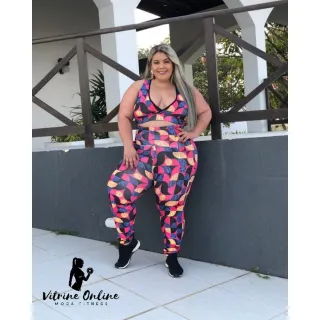 Moda Feminina Fitness: Conjunto Top + Calça Legging Plus Size Cós Alto - Estampa 06