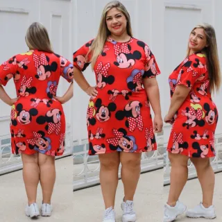 Camisão Plus Size Estampado em Malha Feminino - Vestido de Malha - TURMA DO MICKEY ROSE