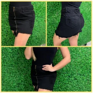 Divine Saia Jeans Feminina Curta Cintura Alta Barra Desfiada Destroyed - 1BOTÃO AZUL