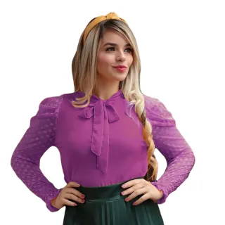 Blusa Social Feminina Manga Longa Evangelica Linda Tule Crepe - Preto