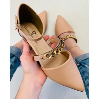 Promoção: Sapatilha Feminina Confortável Preta com Detalhe em Corrente - Moda Casual - Corrente nude