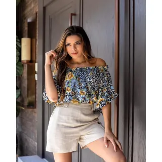 Blusa Feminina Cropped Ombro a Ombro Floral Elastex Onça - Vermelho