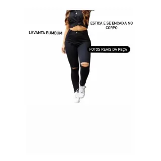 Moda feminina: Calça jeans preta cintura alta, detalhe rasgado nos joelhos - 40