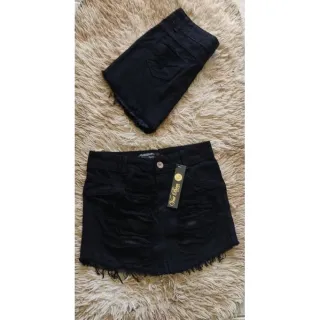 Saia Destroyed Jeans Feminina Cintura Alta Hot Pants - Saia Detonada Escuro