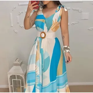 Decote Floral Boho Estampado: Vestido Longo Feminino Sem Mangas com Cinto Balanço - Amarelo