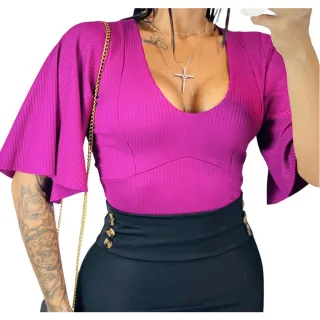Moda Evangelica Blusa Feminina Premium Canelado Manga Flare - Listrado