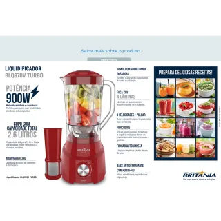 Liquidificador Vermelho Britânia Turbo BLQ970P - 4 Velocidades 900W - Único