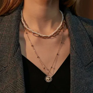 Colar longo de corrente grossa com pérolas, estilo europeu e americano - Dourado