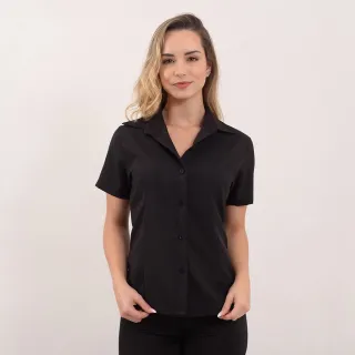 Camisa social feminina manga curta preta e branca, gabardine passa fácil - COR PRETA  TAMANHO P