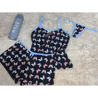 Lingerie Pijama Estampado Liganete: Baby Doll 3 Peças - Short, Blusa E Calcinha - M 36/38