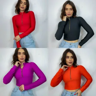 Blusa Manga Longa Cropped com Gola Alta e Zíper - Inverno - Fúcsia