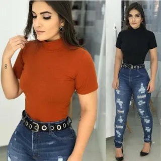 T-shirt Feminina Manga Curta Gola Alta Canelada Moda Evangélica - Azul Marinho