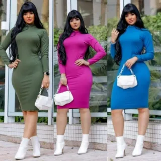 Manga Longa Vestido Midi Gola Alta Tubinho - Vinho