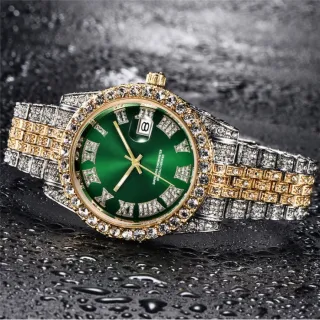 Relógio de pulso masculino luxuoso com diamantes e calendário - Presente perfeito para homens - Ouro e Verde