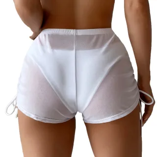 Shorts Feminino de Malha Transparente, Lisa, Cover Up - Curto - Azul